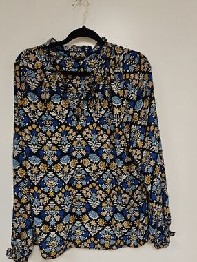 Ann Taylor Black Floral Tie-Neck Blouse with Blue and Cream Prints